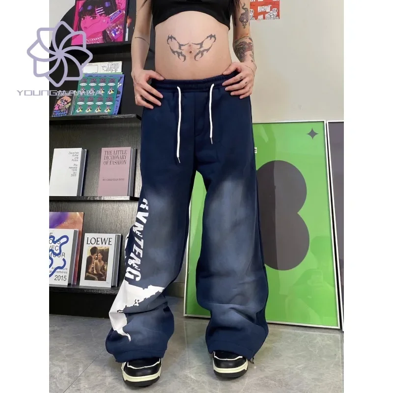 

High Street Letter Plush Thickened Guard Pants Women Ins Loose Elastic Waist Casual Wide Leg Straight Pants