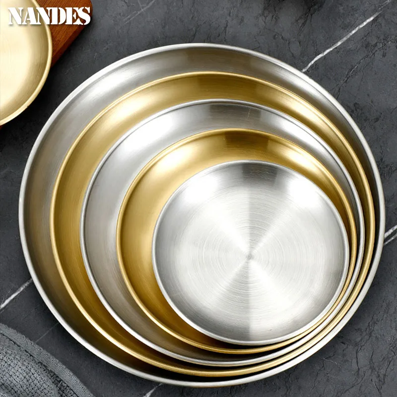 Stainless Steel Plates 14/17/20/23/26/30CM Stainless Steel Bone Spitting Dish Gold Silver Shallow Tray Dining Disc