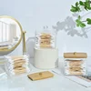 1Pcs Cotton Swab Holder, Cotton Swab Dispenser with Bamboo Lids,Bamboo Bathroom Storage Jars Storage Containers Clear Plastic 3