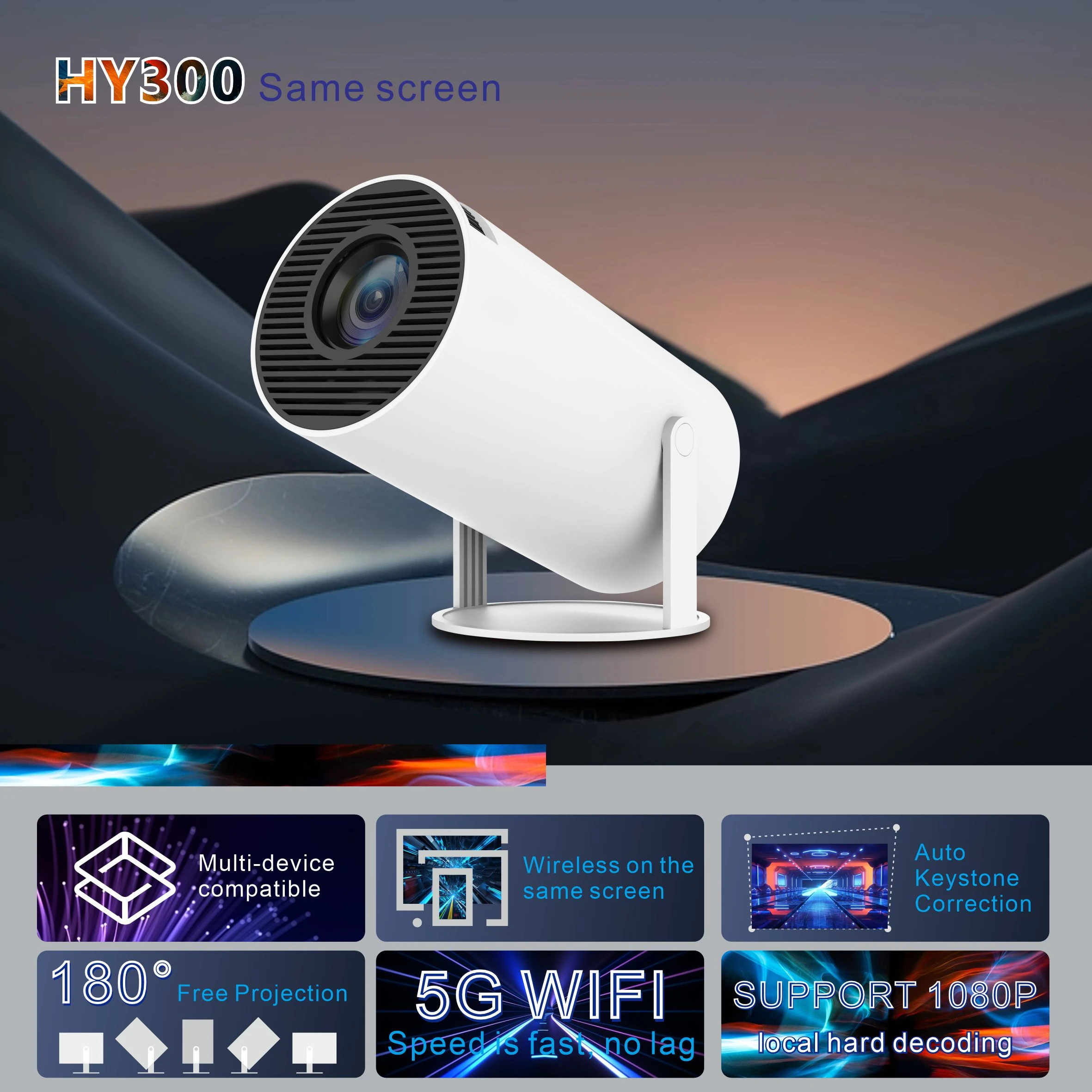 Salange HY300 Projector Smart WiFi BT5.0 200ANSI 1280*720 Sync SAMSUNG Android iphone Screen LED Home Theater for 1080P 4K Video