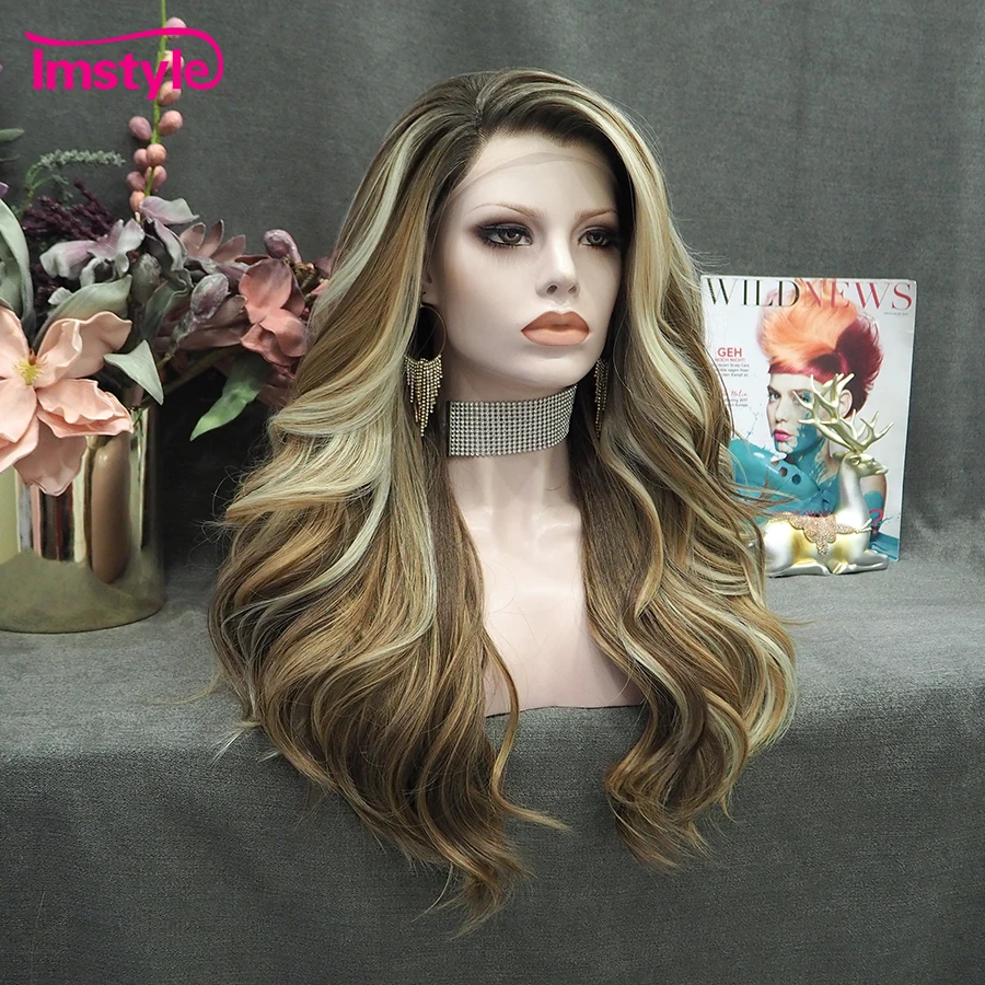Imstyle Brown Synthetic Lace Front Wig Natural Wavy Wigs For Women Daily Long Lace Heat Resistant Fiber Cosplay Wigs