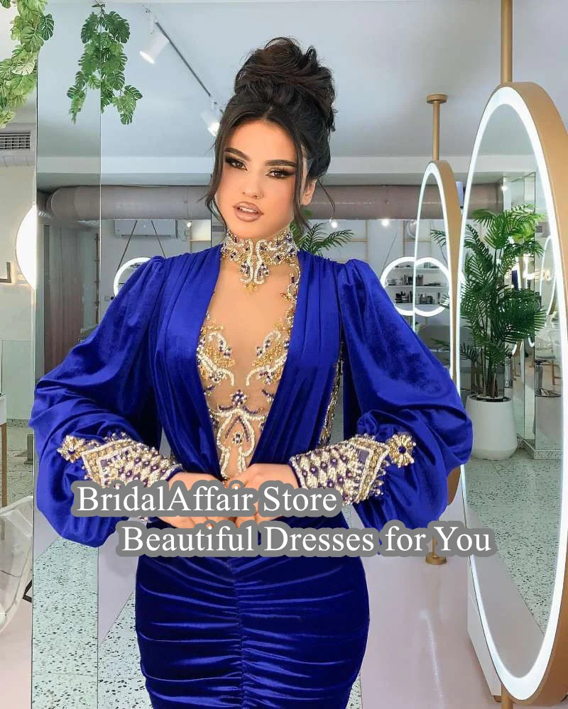 BridalAffair Velvet Evening Dresses High Neck Beaded Pleats Mermaid Prom Gown Long Sleeves Royal Blue Arabic Dubai Party Gown