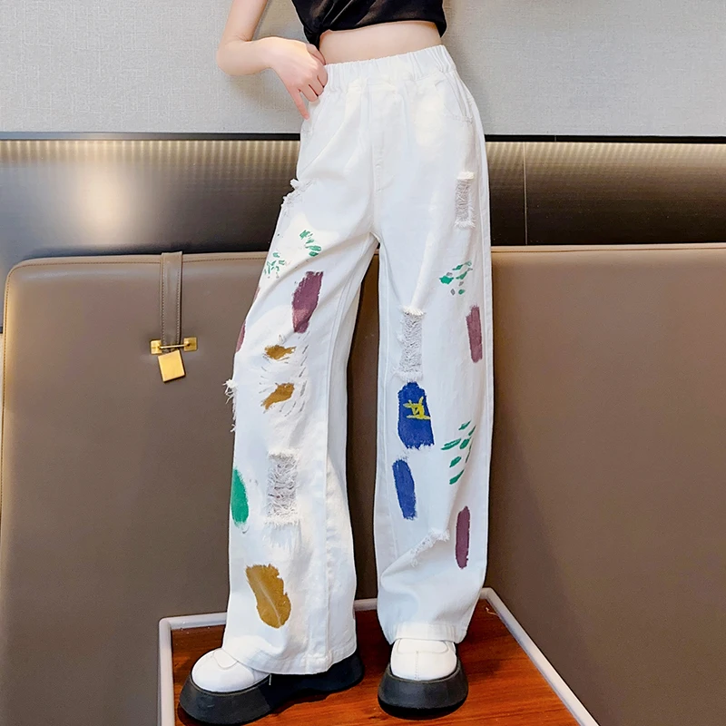 

Hip Hop Children's Bottoms Summer Girls Holes Casual White Pants Graffiti Trousers For 3 4 5 6 7 8 9 10 11 12 13 14 Years Girls