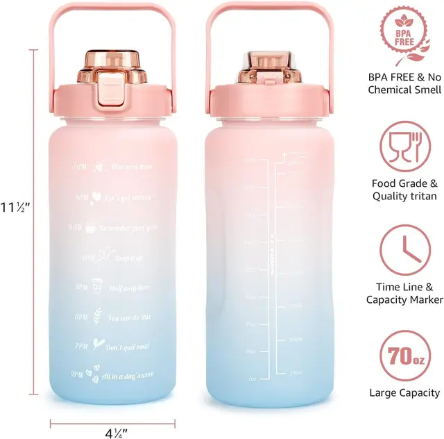 2 Liter Water Bottle Gym Water Bottle Gradient Color Sport Water Bottles with Time Marker Frosted Plastic Cup Bounce Lid Fitness 6