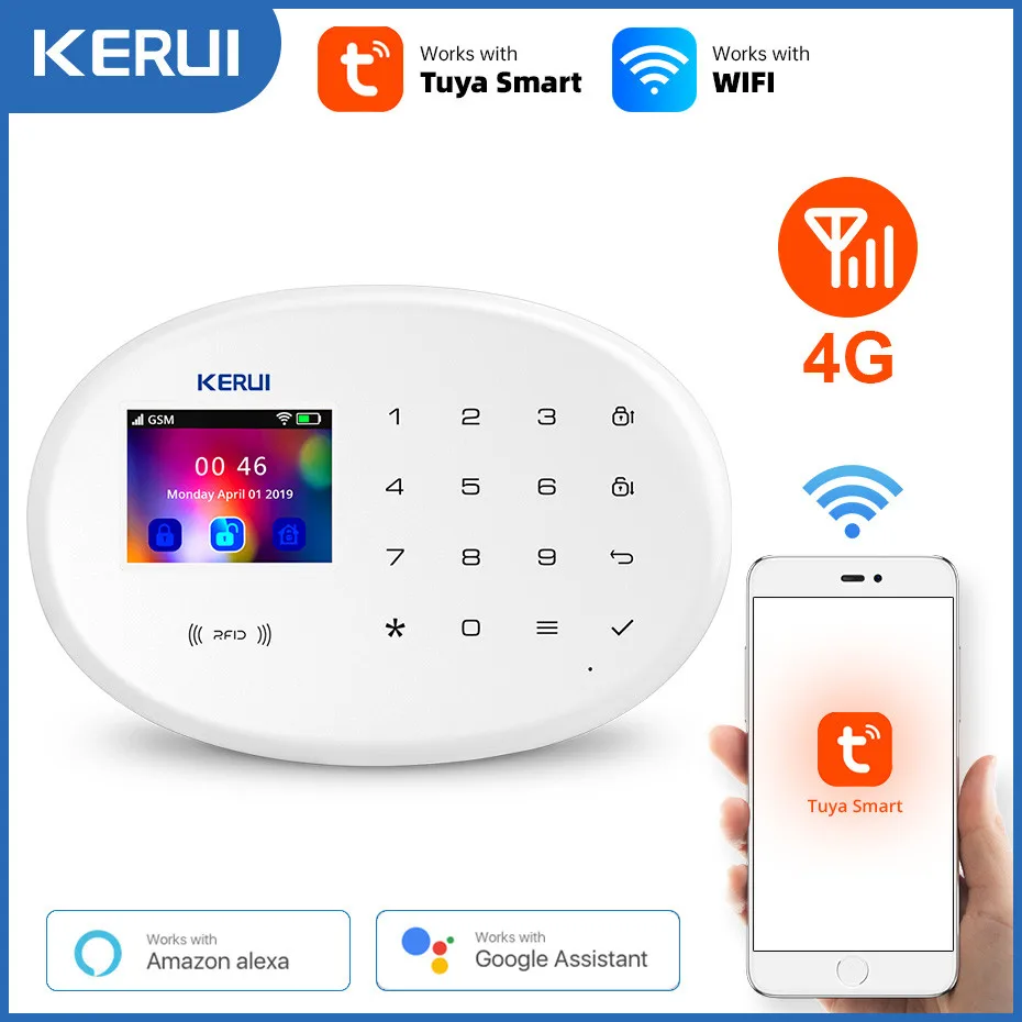 sound alarm device KERUI Tuya WIFI GSM 4G Smart Home Security Alarm System RFID APP Wireless Siren Sensor Detector IP Camera Sistema de alarmas security led lights Alarms & Sensors