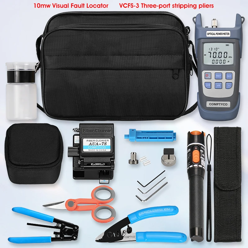 FTTH Fiber Optic Cold Splicing Kit Set AUA-7S Cutting Knife Red Light Pen Optical Power Meter Three-mouth Nomiller Pliers