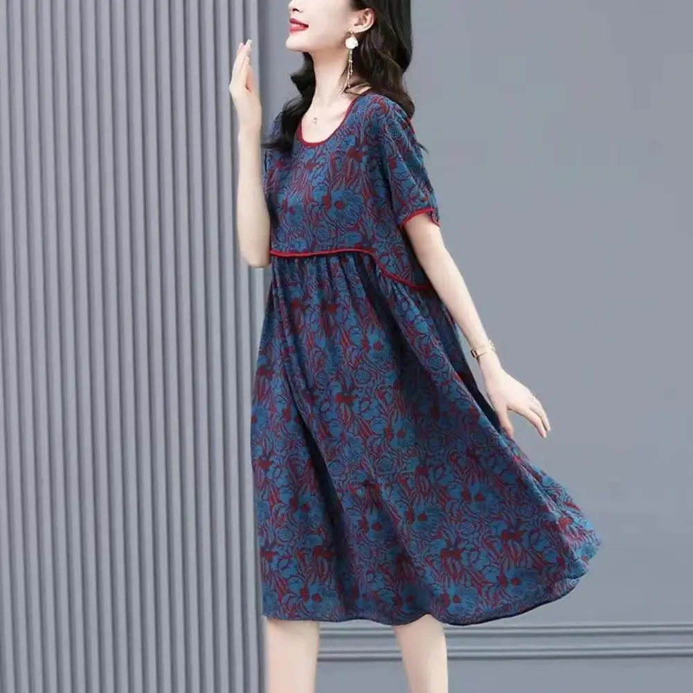 

Vintage Dress Vintage Flower Print Patchwork O Neck Short Sleeve Loose Knee Length Pleated Summer Mother Midi Dress A Timeless