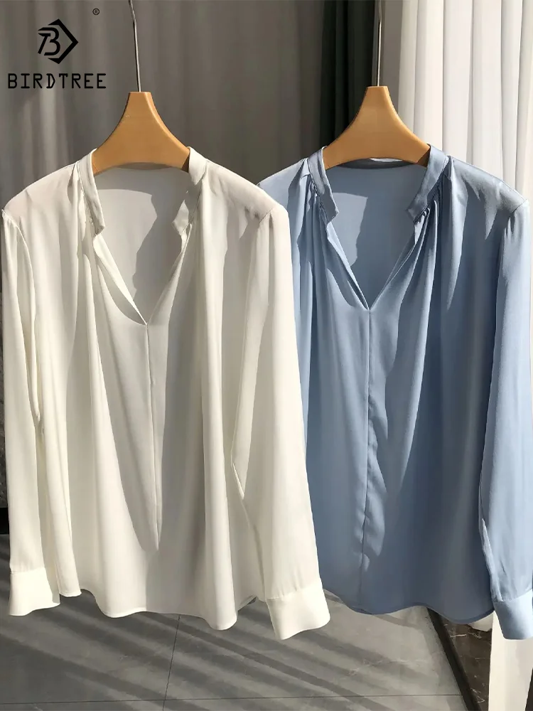

BirdTree V-neck Solid Color,19MM 95%Real Silk Satin Shirt for Women,Elegant Fashion Tee,2024 Spring Top,White Blue,T41564QM
