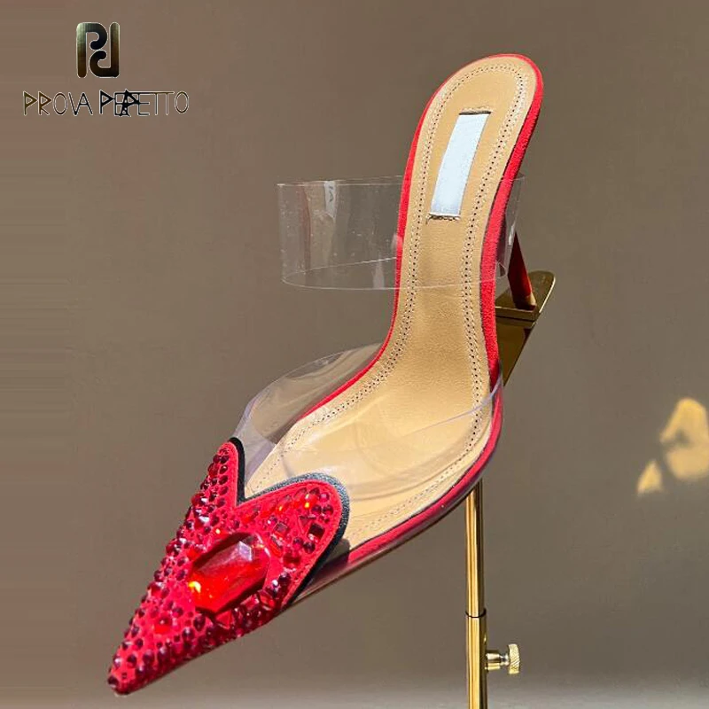 

Love High Heel Slipper Shoes Clear PVC Strap Pointy Toe Red Blue Crystal Bling Bling Wedding Party Sapatos Thin Heel Stilettos
