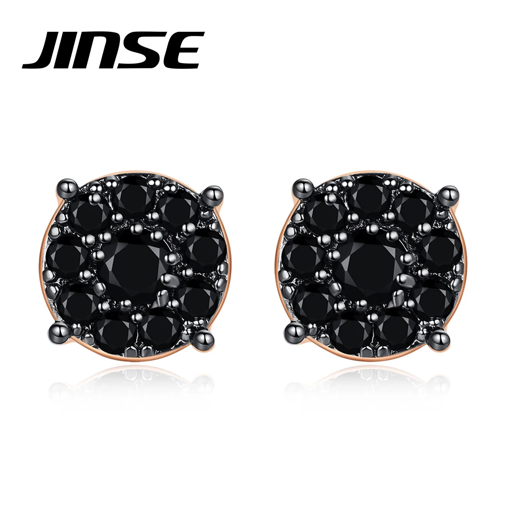 JINSE Hip Hop Geometric Iced Out Black Clear CZ Stud Earring