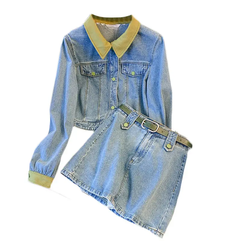 Women's High Waist Casual Half Skirt Set, Temperament Denim Coat, Spring Fashion, New Style, 2 Piece Set