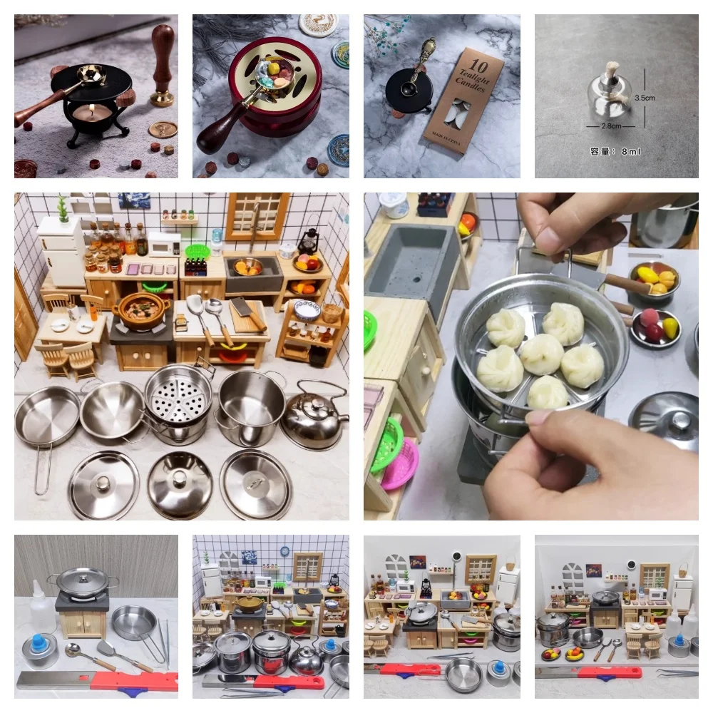 Doll House Miniature Kitchen Simulation Kitchenware Cooktop Pot Set Model Retro Fire Paint Tripod Stove Alcohol Lamp Accessories mini house accessories mini seal fire paint house miniature wax model supply desktop decor props ornament accessories glass