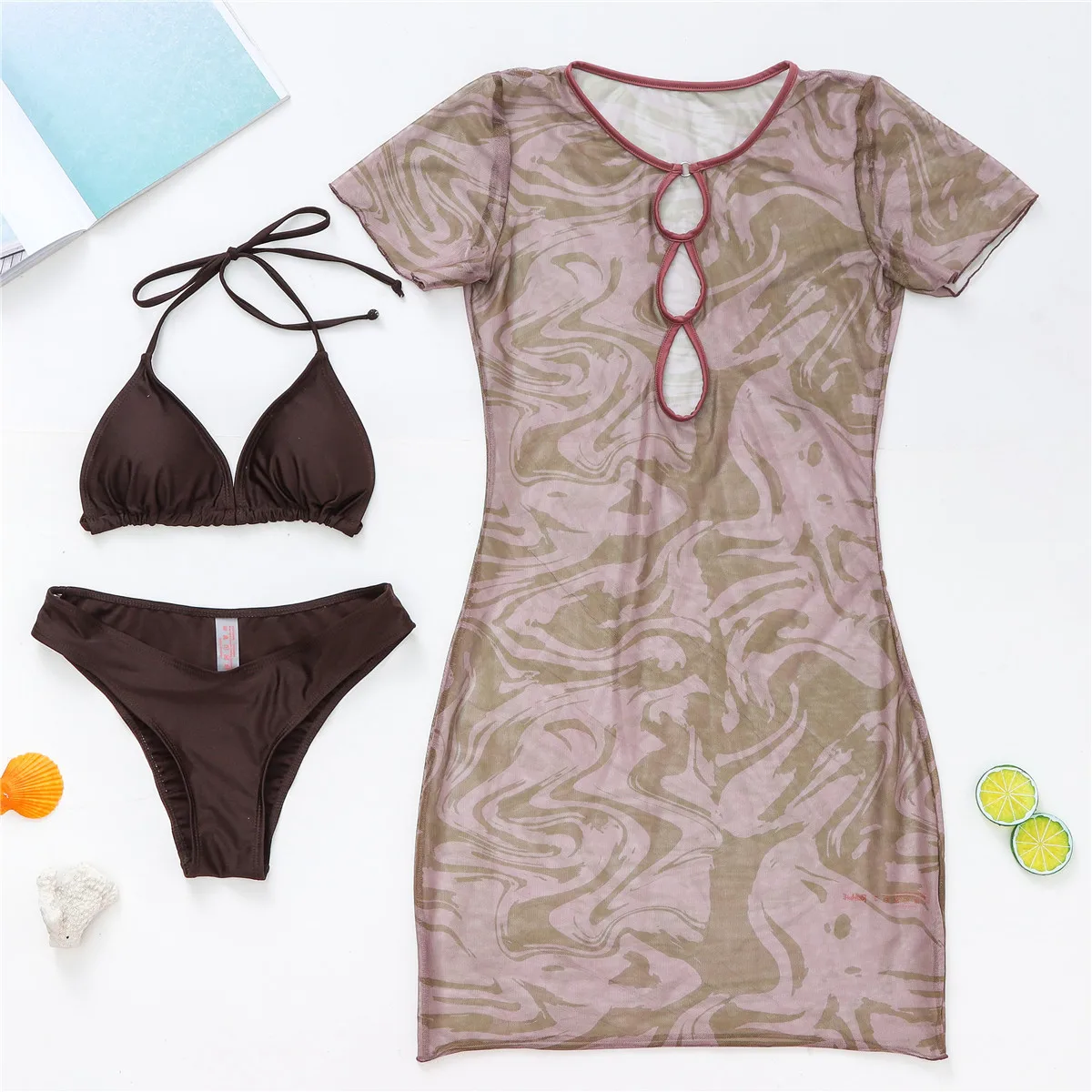 Print Bikini Cover Up Bodycon Dress Women Sexy Hollow Tunic Beach Dress Summer Bathing Suit Beachwear