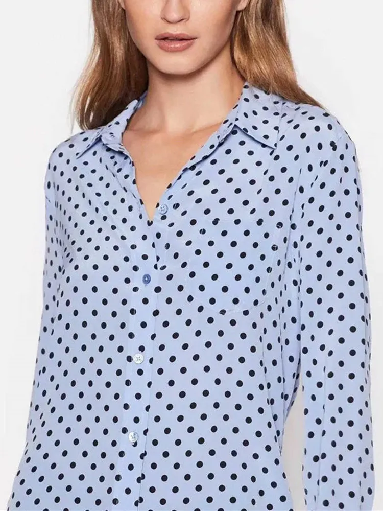 

2023 Autumn Women Shirt Loose Casual Turn-Down Collar Silk Polka Dot Print Long Sleeve OL Blouse