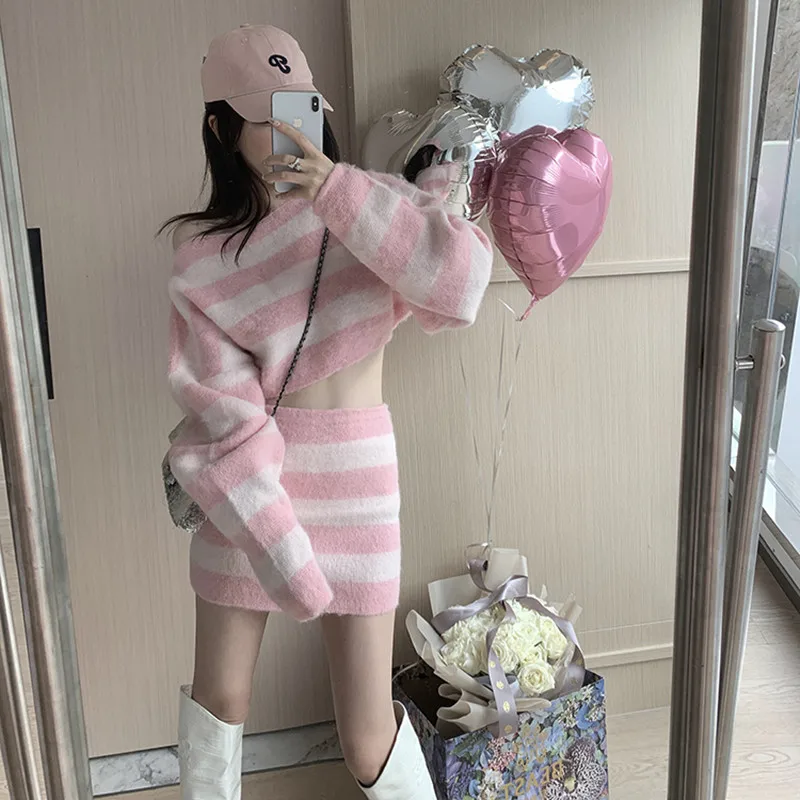 Autumn Striped Two-piece Skirt Set Women Long Sleeve Cropped Off Shoulder Top Bodycon Mini Skirt Korean Fashion Suits New