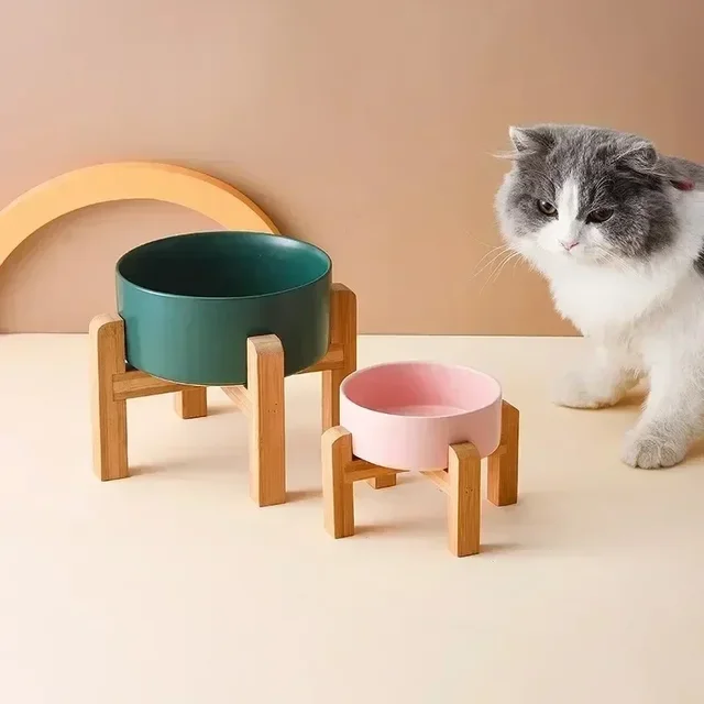 400ml Puppy Bowl Double Ceramic Elevated Pet Food Water Fountain Small and Medium Sized Wooden Bracket Dog Feeding Supplies 6