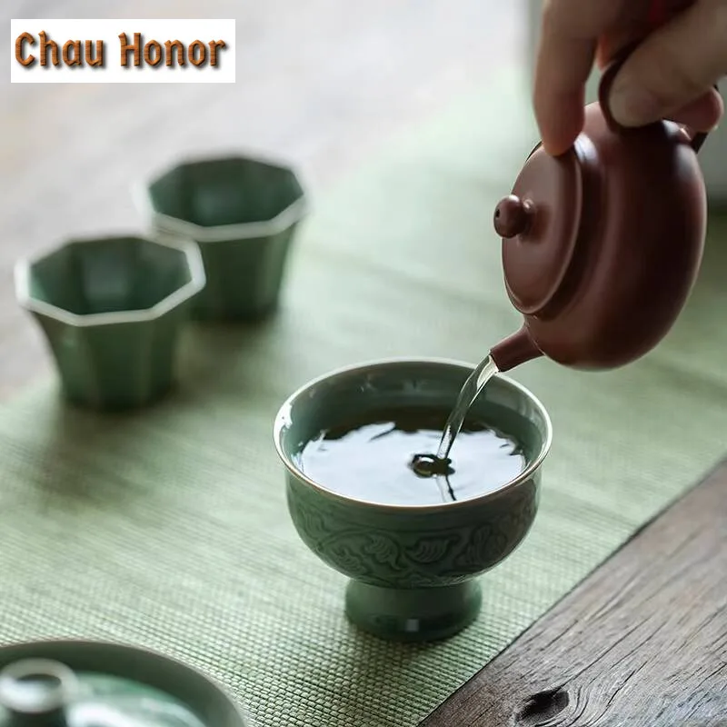 75ml Retro Yue Kiln Celadon High Foot Tea Cup Ceramic Hand Relief Cup Household Large Personal Master Cup Kung Fu Tea Drinkware