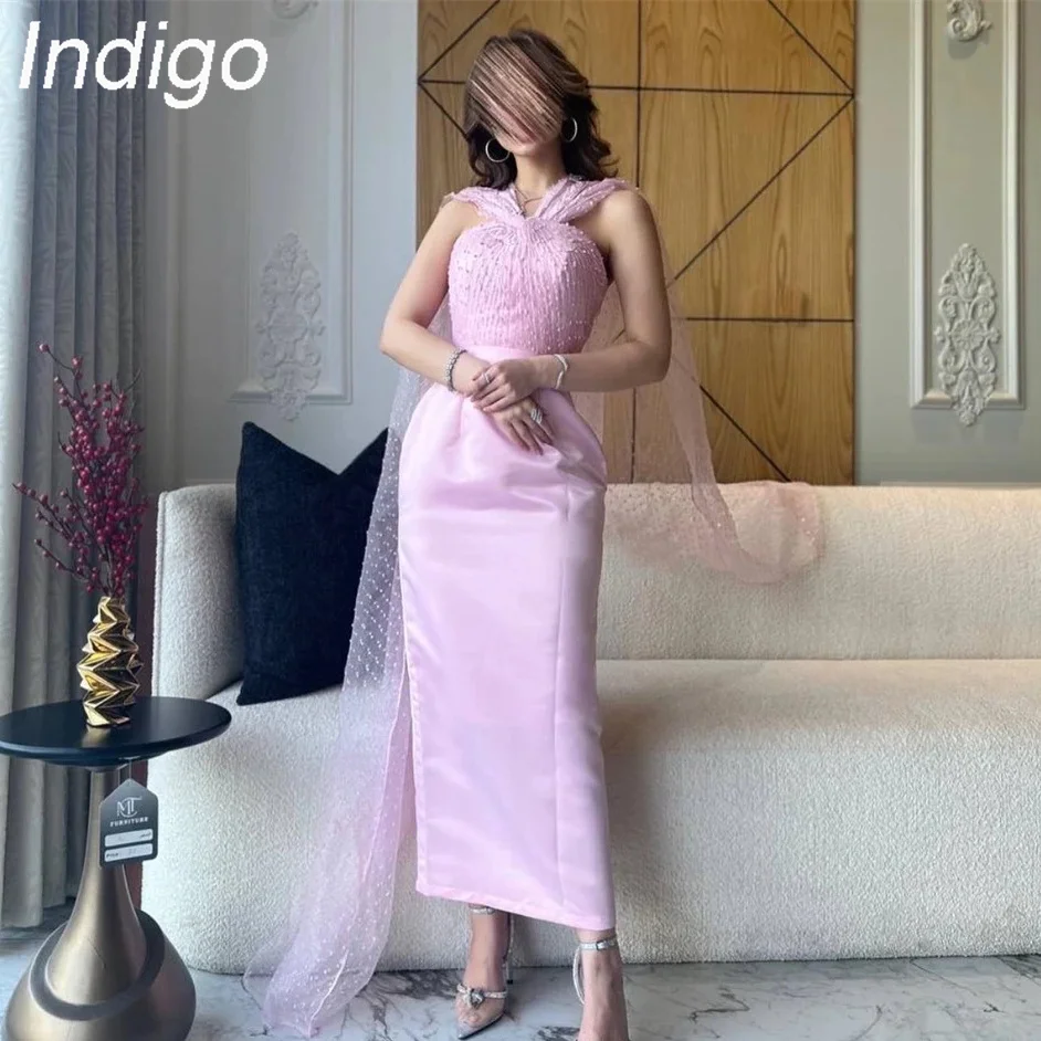 

Indigo Evening Dress Fashion V Neck Sheath Ankle-Length Sleeveless Dot Tulle Formal Evening Gowns For Women 2024 فساتين الحفلات
