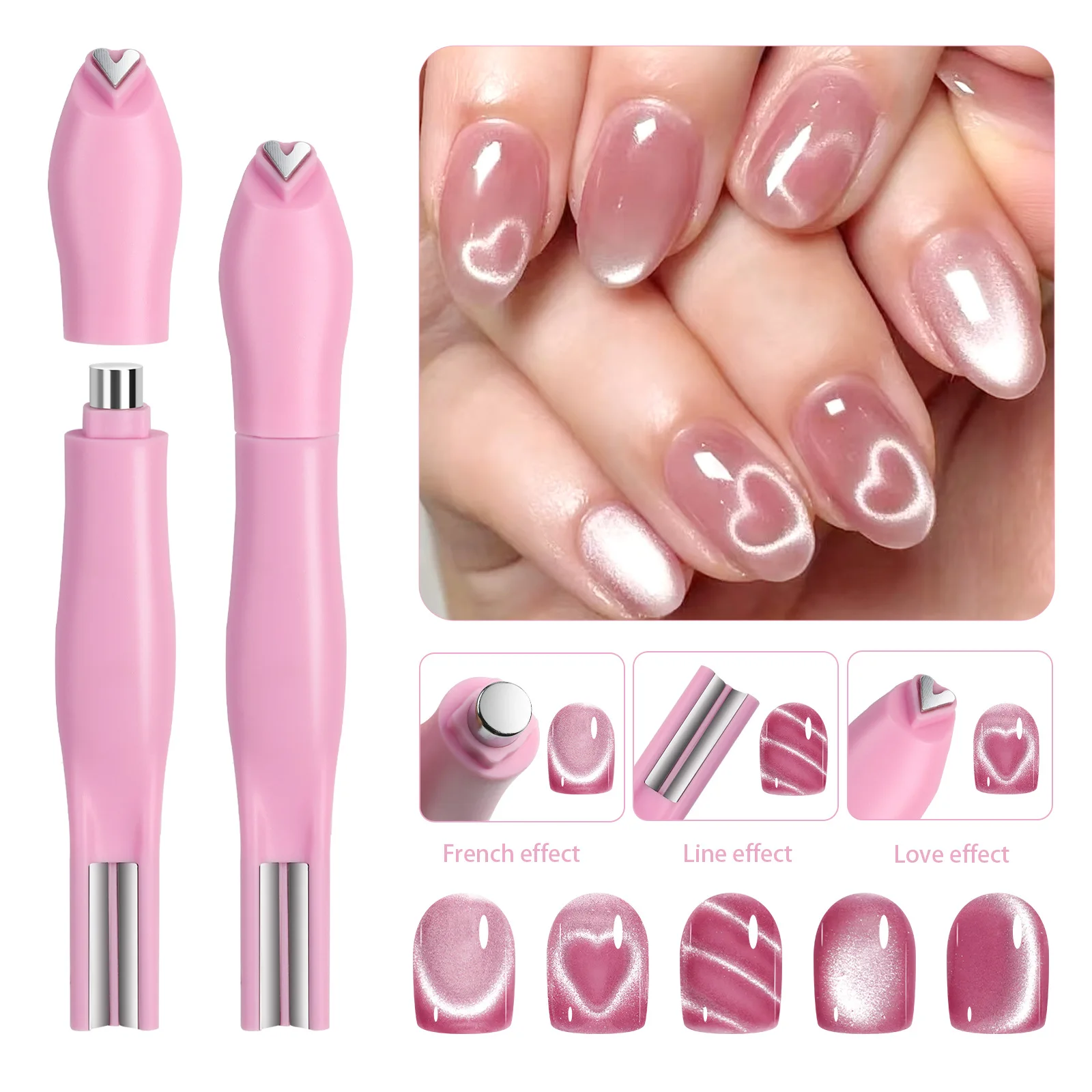 3-In-1 Heart Shape Cat Eye Nail Art Magnet Double Line Moon Snake Pattern French Nail Magnetic Pen Gel Polish Manicure Tool 1Pcs