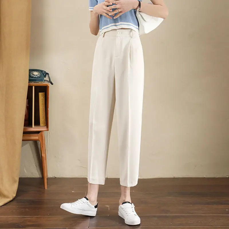 2024 New Summer Casual Loose Oversize Minimalist Commuting High Waisted Slimming Pocket Solid Color Versatile Cropped Pipe Pants