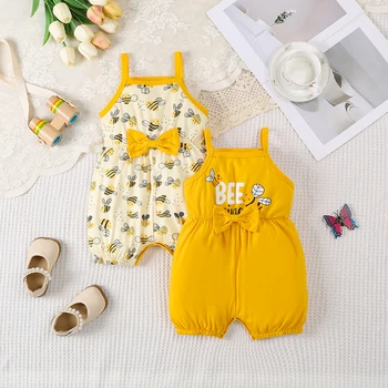 Baby Girl's Casual Two-Piece Set with Bee Print Bow Decoration Suspender Jumpsuit And Shorts for Cute And Fashionable Outfit