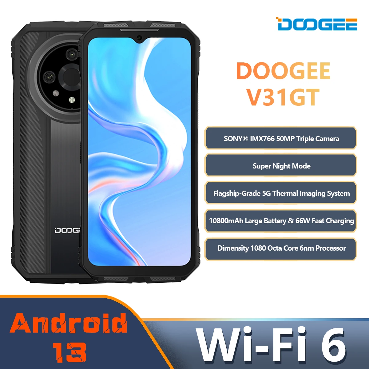 

DOOGEE V31GT 5G Rugged Phone 6.58” FHD Dimensity 1080 Octa Core Thermal Imaging 10800mAh 66W Fast Charging Phone