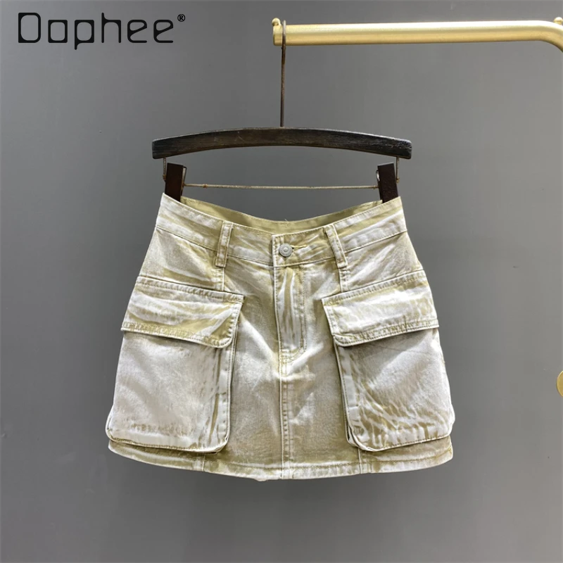 Khaki Workwear Double Pocket Denim Skirt Woman 2024 New Women's Summer Retro High Waist Anti-Exposure A- Line Hip-Wrapped Skirts summer women s light blue perforated high waist zippered denim workwear shorts retro casual fashion female clothing jeans pants