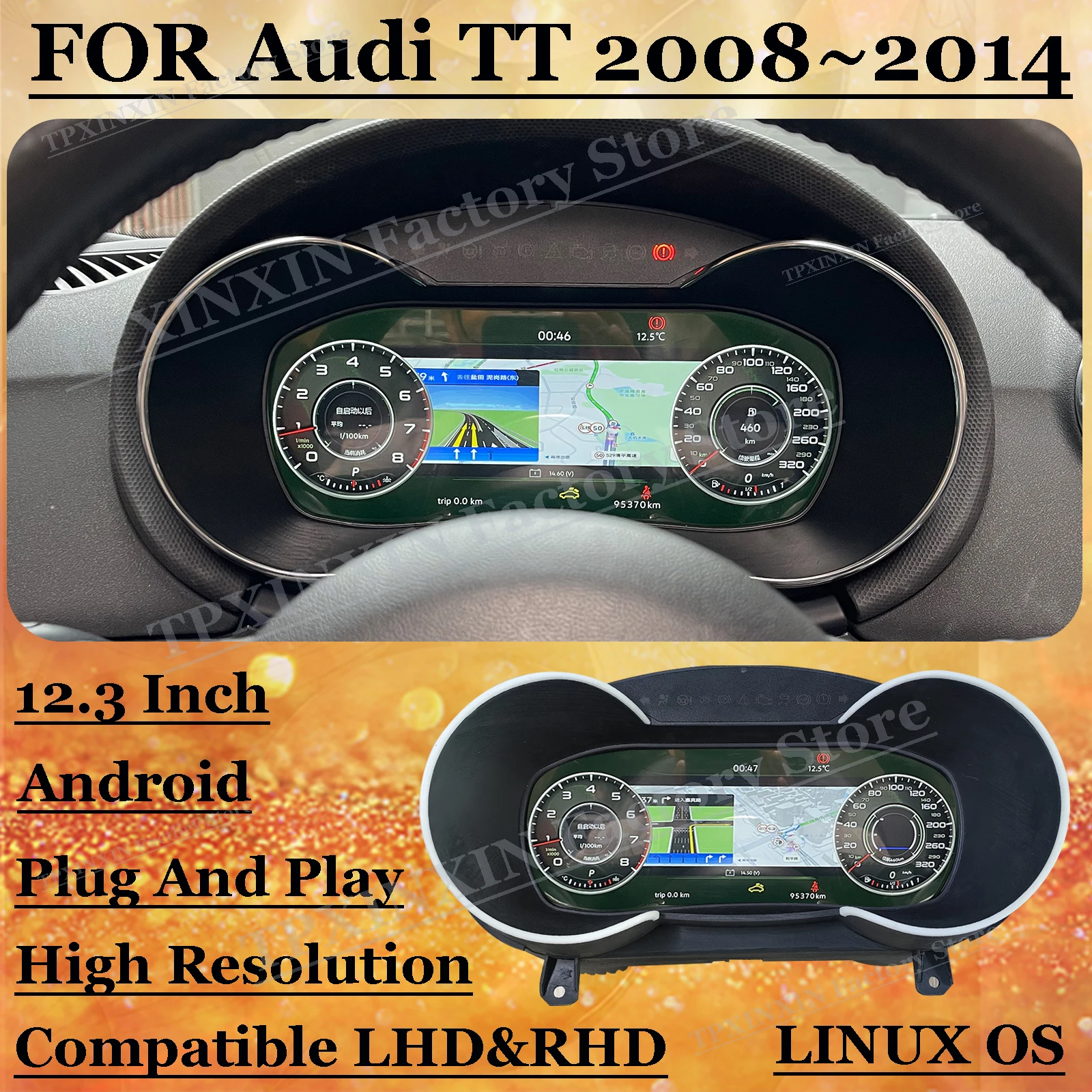 

1920*720 Digital LCD Virtual Cluster Cockpit Android For Audi TT 2008 2009~2014 Dashboard Panel Speed Meters