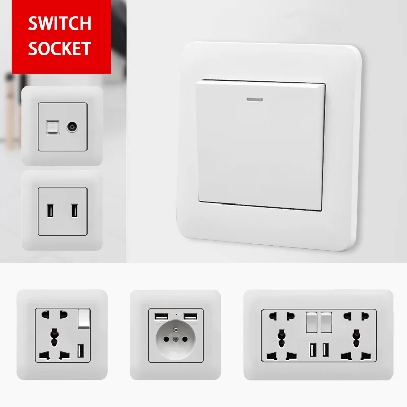 ซ็อกเก็ตไฟเดียวแบบมาตรฐาน EU เต้ารับแบบสวิตช์ USB ติดผนังซ็อกเก็ตคู่86ชนิดที่ติดผนังซ็อกเก็ตทีวี 1