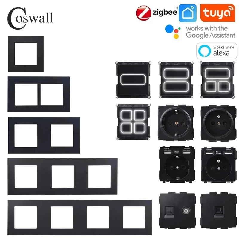 Pannello In Plastica Opaca Nera Coswall Zigbee 3.0 Tuya 1/2/3/4 Gang Switch Con Normale Presa Eu Caricatore Usb Tv Rj45 Moduli Fai Da Te