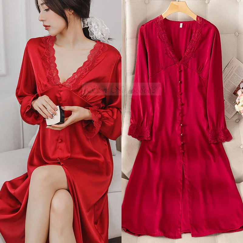 

Female Long Nightdress Sexy V-Neck Lace Trim Nightgown Sleepwear Retro Palace Style Home Dressing Gown Loose Silk Satin Bathrobe