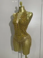 Luxury Golden Rhinestone Sexy Mesh Stretch Bodysuits Women Birthday Dancer Performance Stage Wear Nightclub Team Hotwife Outfit - Image 2