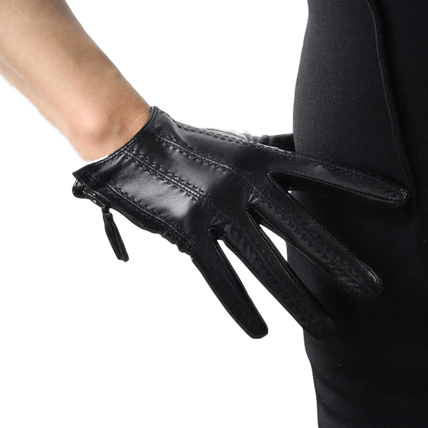 

Women's Short Real Leather Driving Gloves Touchscreen Genuine Goatskin Leather Tassel Zipper Winter Warm Gloves