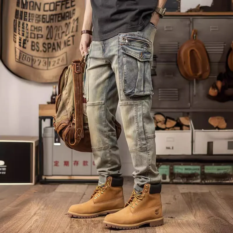 Spring and autumn heavy American retro locomotive cargo jeans men's stretch slim fashion brand straight cone casual pants