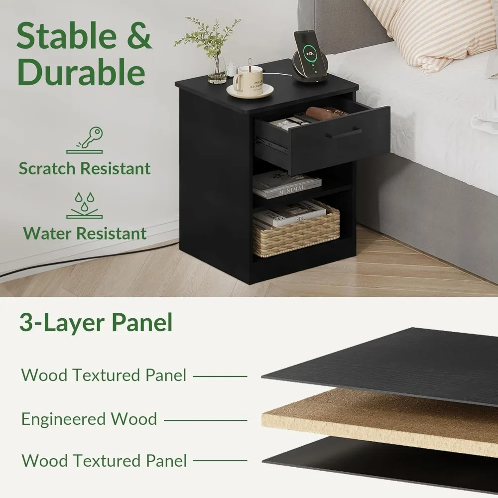 Everyday Side Table with Fast Charging Station - USB C Cable Fast Charging, Wooden Black Nightstand Bedside Table with Drawer 6