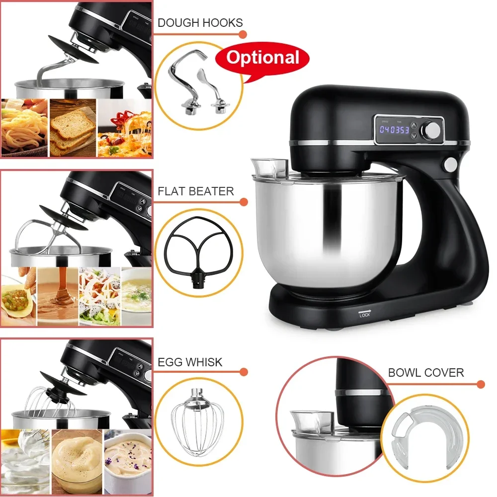 LED Display with Timer 6 liter Metal Cast Low Noise Stand Mixer for Baking Cake Dough Kneading