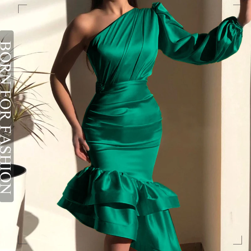 

Slim Fitting Irregular Ruffle Edge Wrap Buttocks Evening Dress 2023 Autumn One Shoulder Oblique Neck Design Sense Niche Dresses