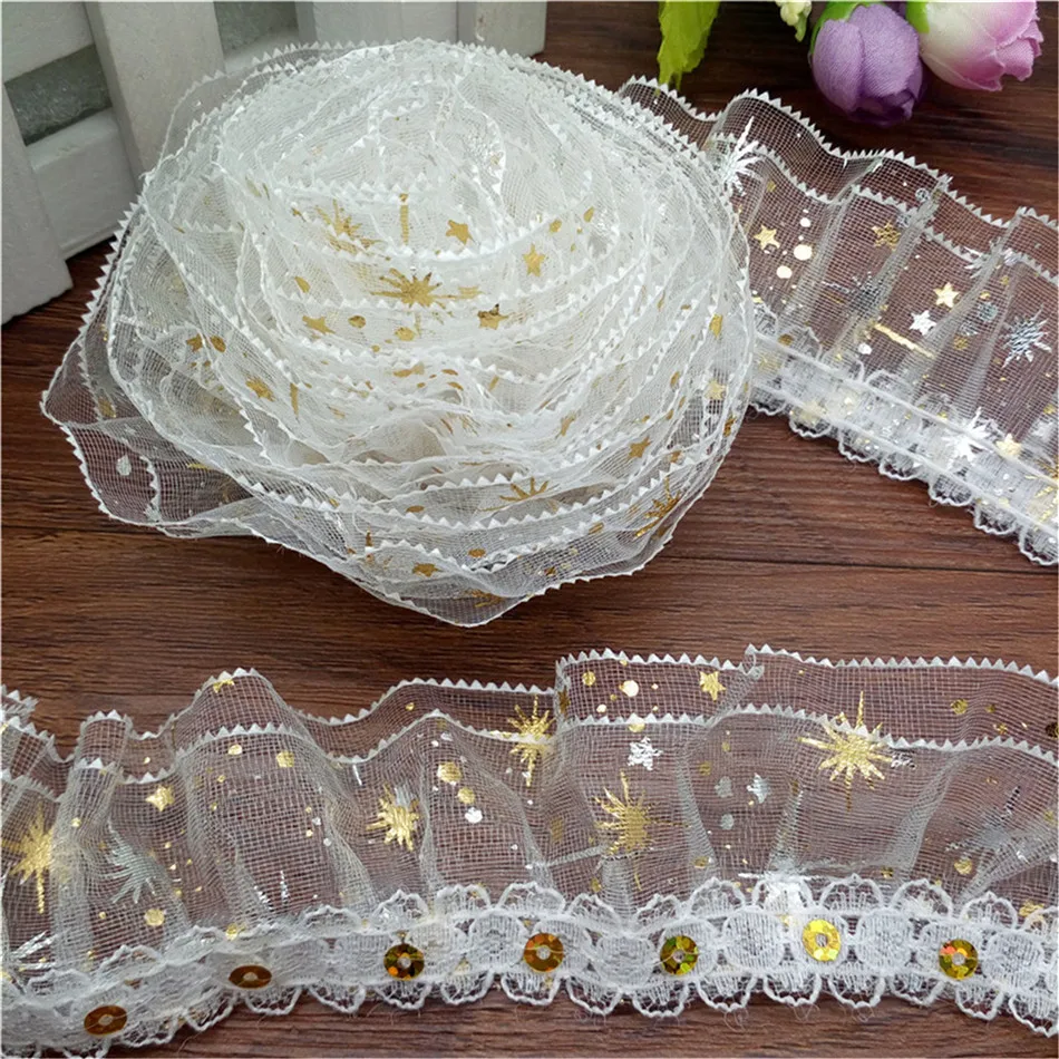3-Layer Golden Silver Stars Flower Lace Gathered Pleated sequined Trim DIY Lace fabric 1/ 3/ 5yards