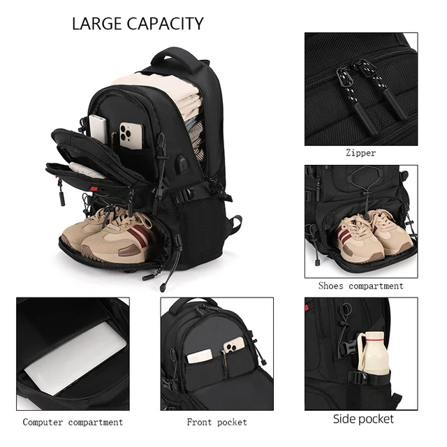 USB Climbing Backpack with Shoes Pack Travel Laptop Lightweight Rucksack Outdoor Camping Hiking Knapsack Sport Collage Schoolbag 3