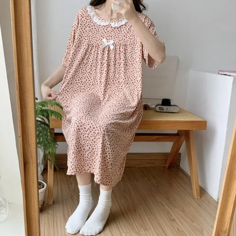 قميص نوم صيفي جديد فضفاض للعناية بالبشرة من القطن بأكمام قصيرة ملابس منزلية من الدانتيل الحلو مقاس كبير ملابس نوم للنساء