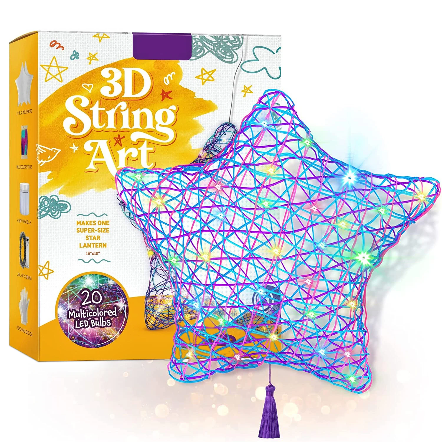3D String Art Kit Toys for Kids Makes Light-Up Star Lantern with 20