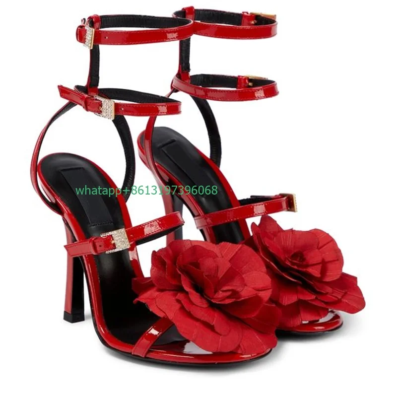 

Lady red rose flower design mirror PU sandals open toe double buckle design party dress sexy elegant pumps cut out design sandal