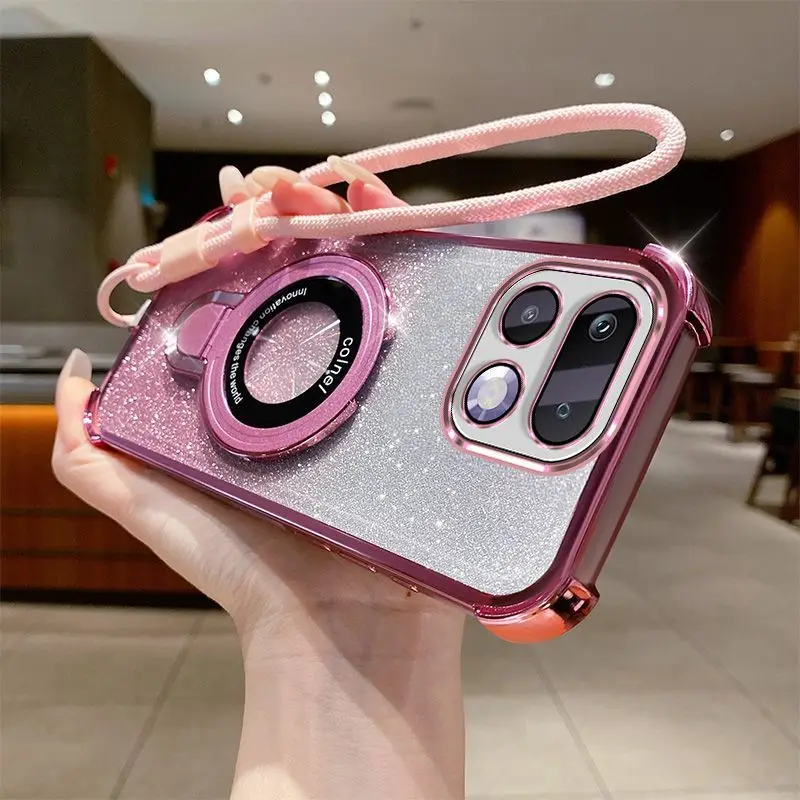 Elegant Shockproof TPU Phone Case with Cute Holder and Hand Strap - Electroplated Design