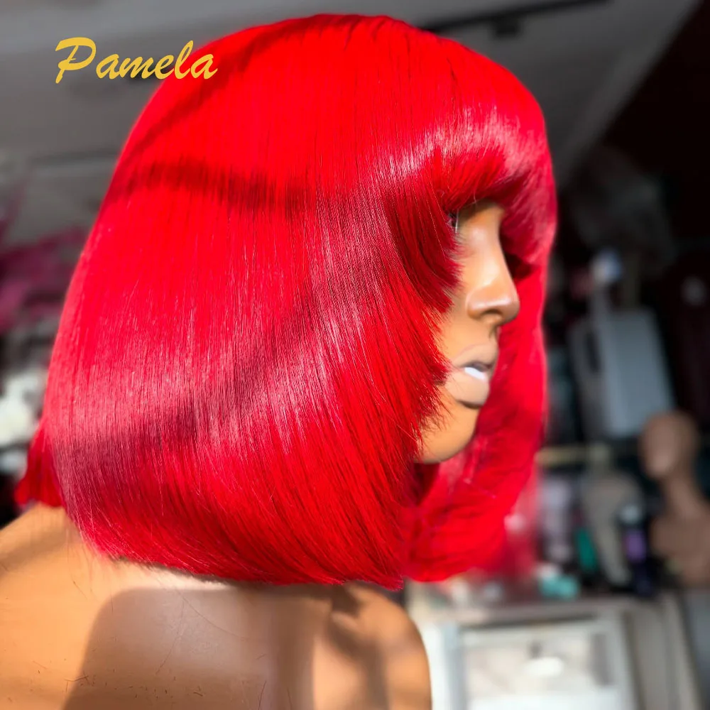 400 Density Short Straight Bob Red Color Human Hair Wig 13x4 Transparent Lace Front Human Hair Gluless Wig Ready To Wear