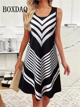Striped Print Dresses Summer Elegant Women'S Clothing Fashion Loose Sleeveless A-Line Dress 2025 Sundress Casual Plus Size Dress 1
