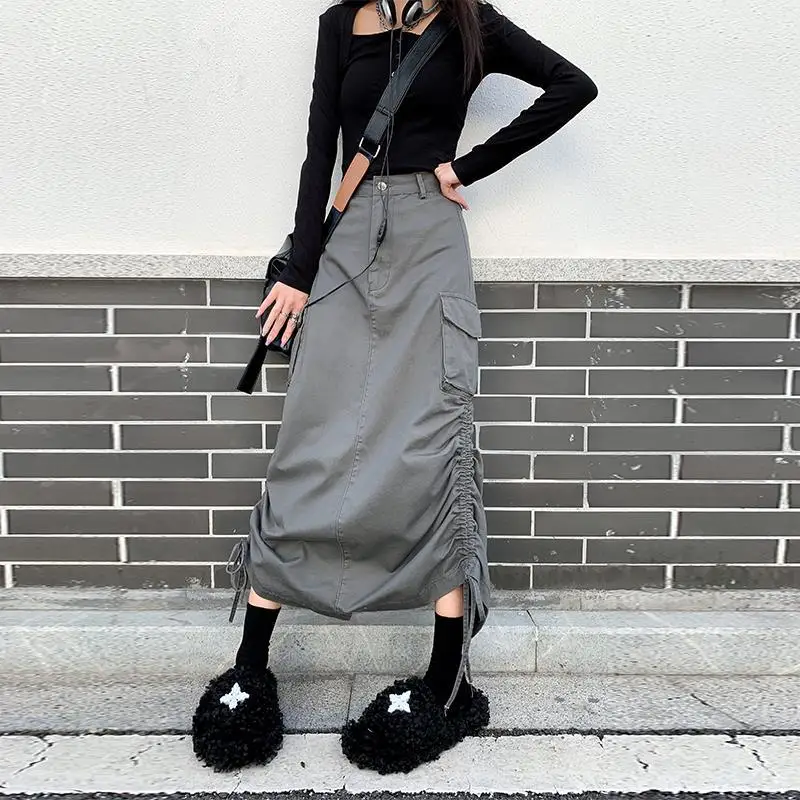 

Harajuku Retro Grey High Waist Drawstring Half Dress Skirts for Women Y2k Vintage Split Hip Long Skirt with Pockets Streetwear