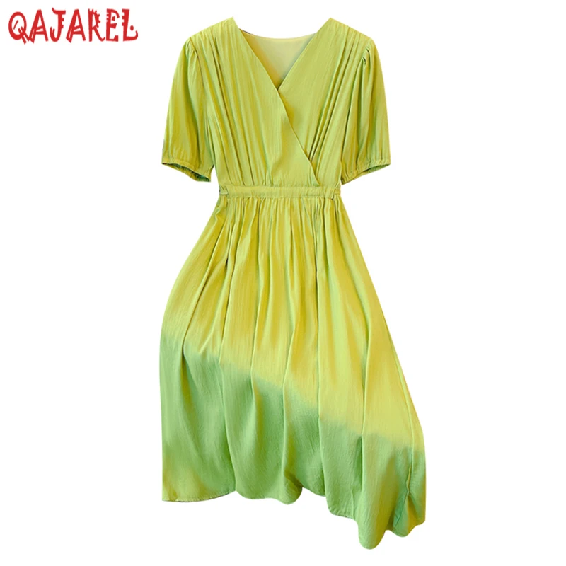 

Women Pink Short Sleeve V-Neck Elegant Long Dress Summer Green Bodycon Casual Night Dress 2024 New One Piece Korean Style Dress