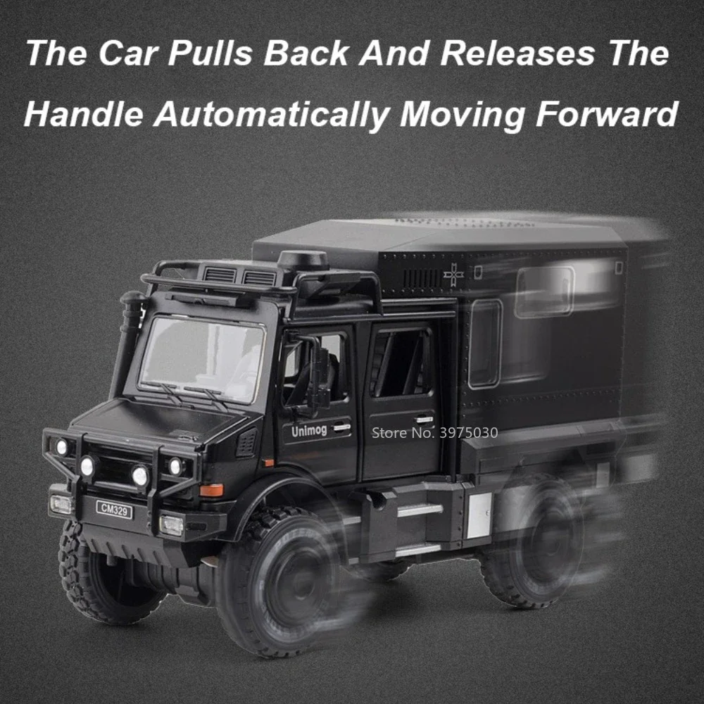 1:28 Benz Unimog Motorhome Toy Car Model Alloy Diecast Sound Light Pull Back Doors Opened Toys Vehicles Children Birthday Gifts 4