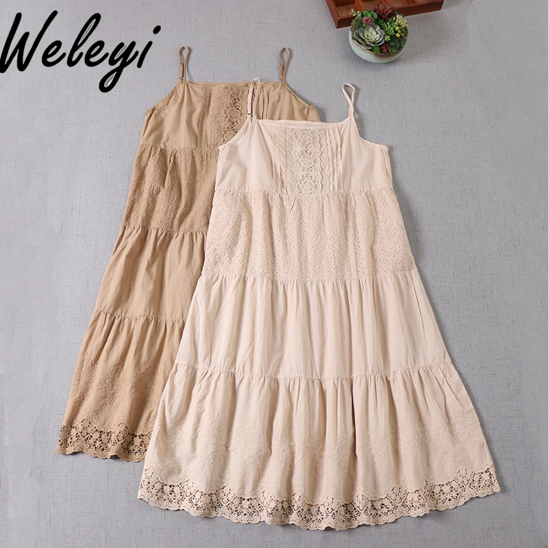 

Japanese Style Women's Sling Dress 2024 Summer Sweet Woman Pure Cotton Embroidered Hanging Lace Midi-lengthStrap Bottom Dresses