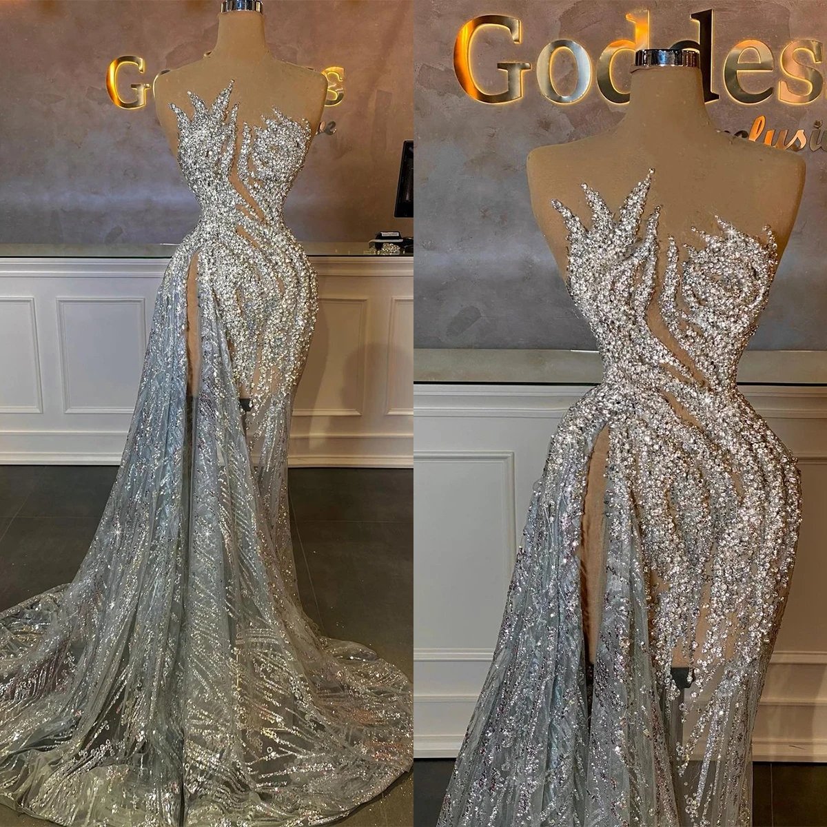 Sexy-Shine-Evening-Dress-Lrregular-Collar-New-Side-High-Split-Crystal ...
